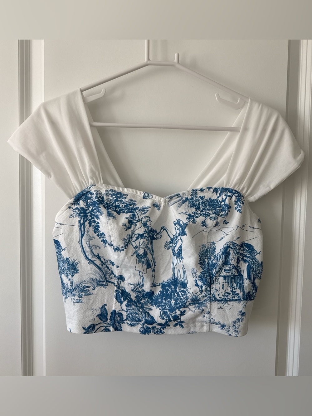 SHEIN White and Blue Toile Cropped Top